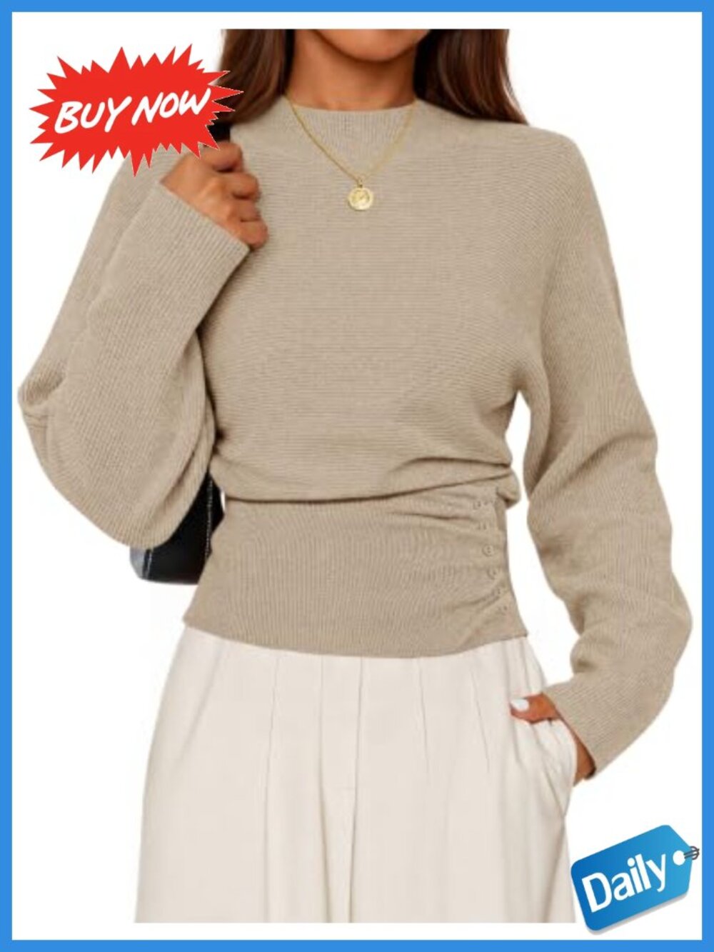Mock Neck Batwing Sleeve Sweater Cinched Waist Pullover
